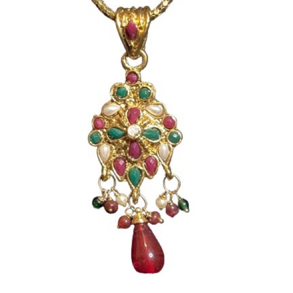 Red and Green Vintage Gold Tone Statement Necklace - Picture 2 of 6